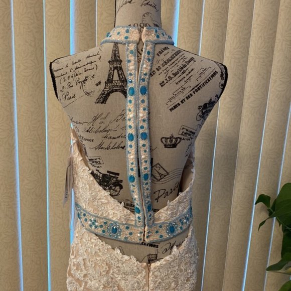 Stunning Ivory Lace & Blue Embellishments Formal Evening Gown… - Picture 10 of 15